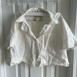 White Short Sleeve Button-Up Crop